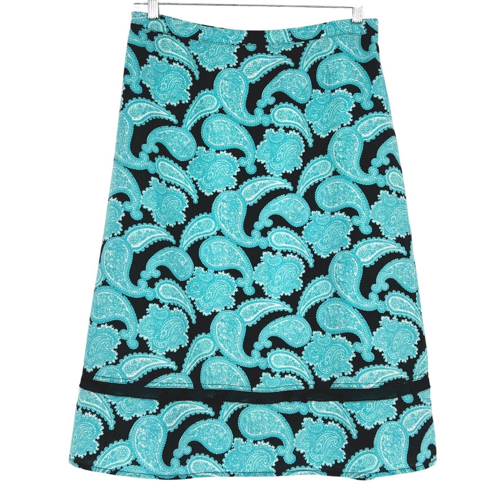 Kim Rogers A-Line Skirt Womens PL Turquoise Paisley 100% Linen Midi Boho Casual